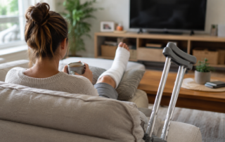 Woman resting at home on a sofa with a foot cast elevated and crutches nearby, holding a cup of coffee